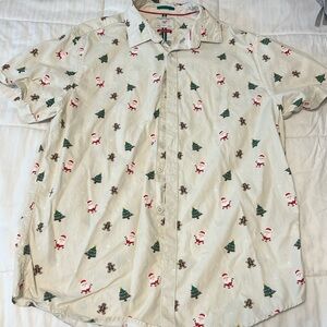 Denim & Flower Cream Holiday Button-Down Shirt with Santa & Tree Print